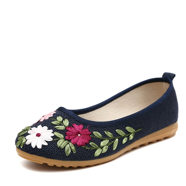Vintage Women Lady Embroidery Ballerina Flats Old Peking Slip On Linen Shoes New 